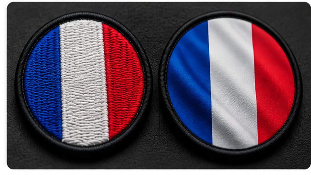 Drapeau français comparant un écusson entièrement brodé et un écusson imprimé DTF sur support textile