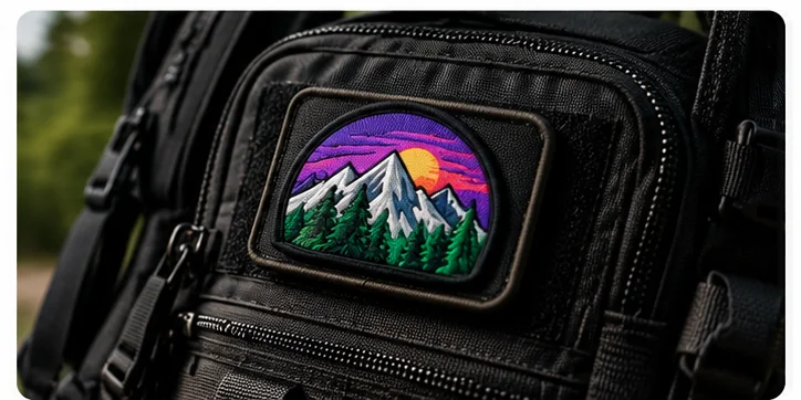 Écusson amovible fixé sur un sac textile avec zone velcro